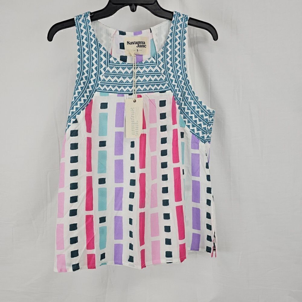 Savanna Jane Ivory Pink Teal Aztec Embroidered Print Sleeveless Top NWT Small